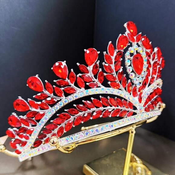Red Crystal Crown, Quinceanera Crown, Silver Wedding Tiara, Bridal Headpiece main image 5